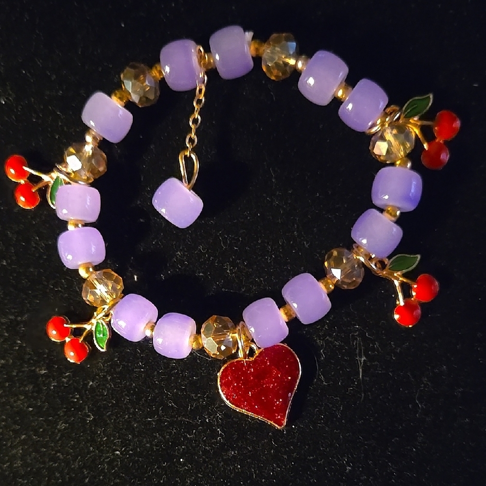 Purple Glass Beads, Enameled Cherries And Heart